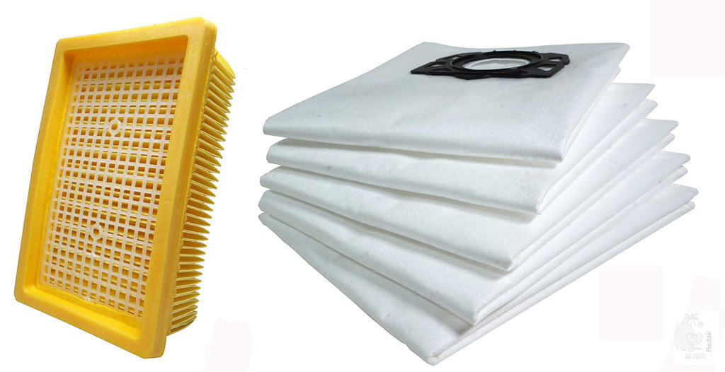 One HEPA Filter and 5 Fleece Filter Bags Tear Resistant, Compatible with Karcher Vacuum Cleaner WD4, WD5, WD 6, Imported
