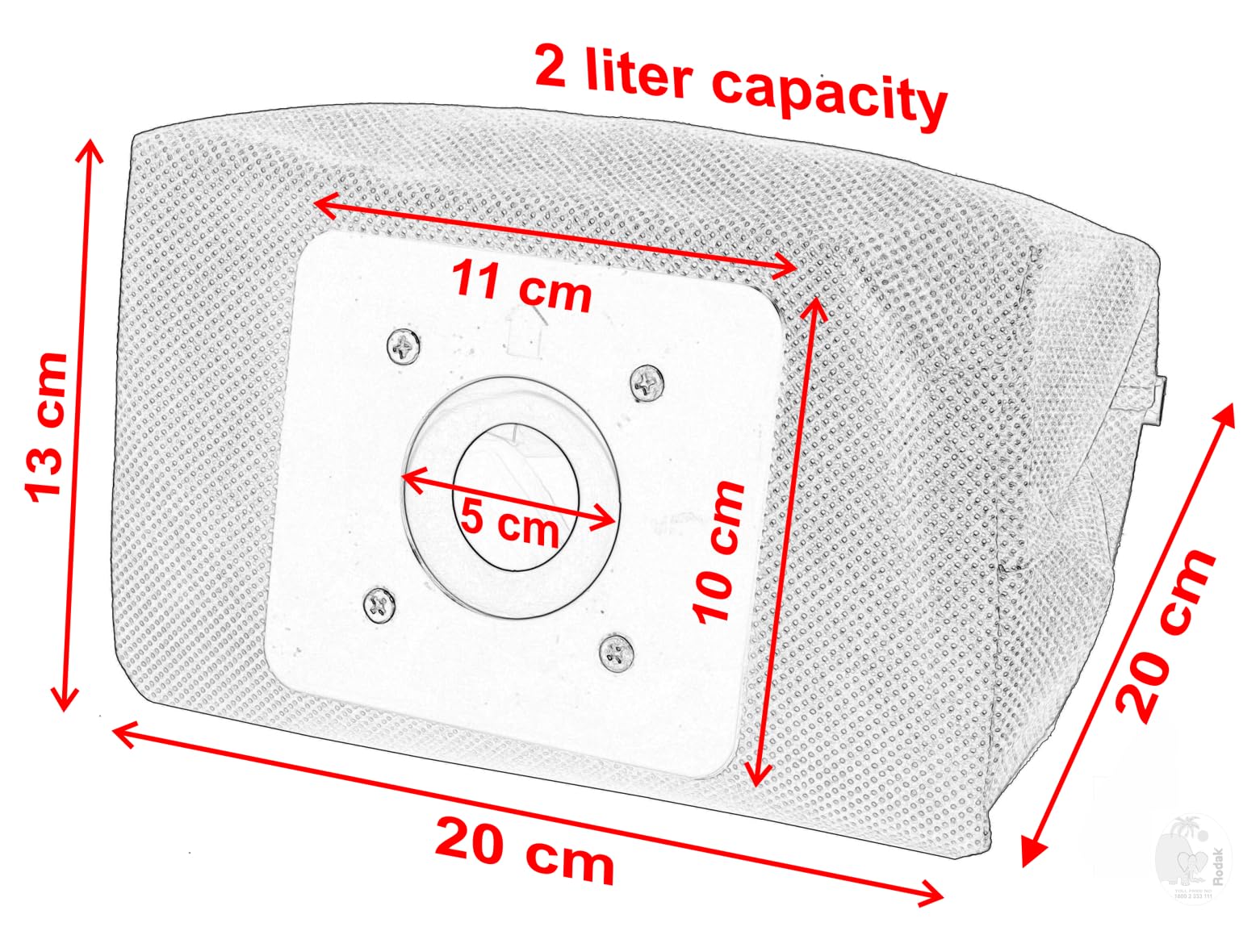 Vacuum Cleaner Dust Bag, Practical, Washable and Reusable, Connecting Size 11 cm x 10 cm, 2 L Capacity, Imported