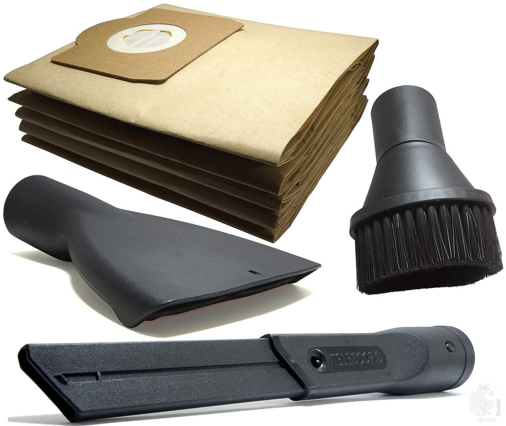 Set Of 5 Dust Bags, Upholstery Nozzle, Telescopic Crevice Tool and Rotatable Brush For Karcher WD3