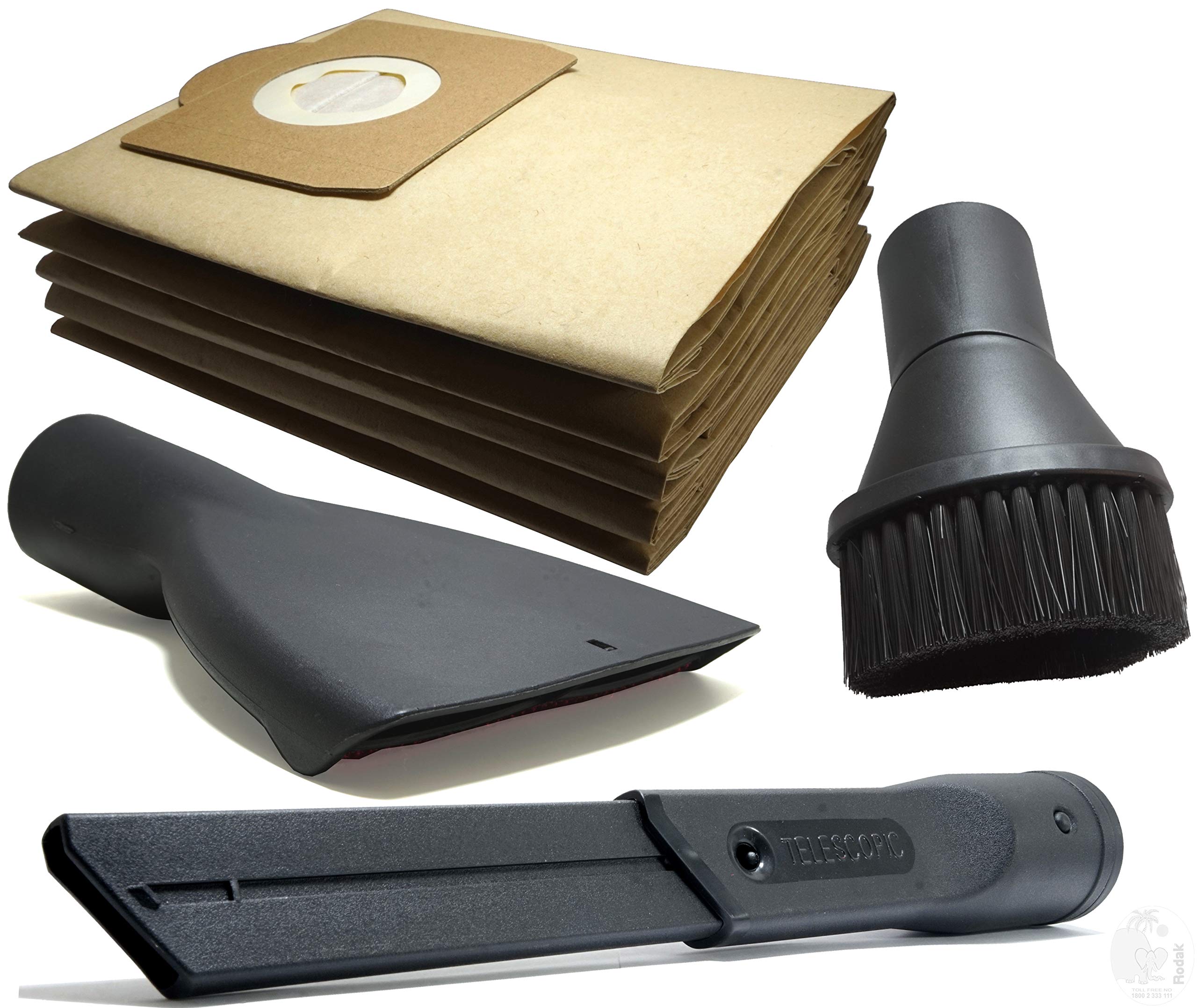 Set Of 5 Dust Bags, Upholstery Nozzle, Telescopic Crevice Tool and Rotatable Brush For Karcher WD3