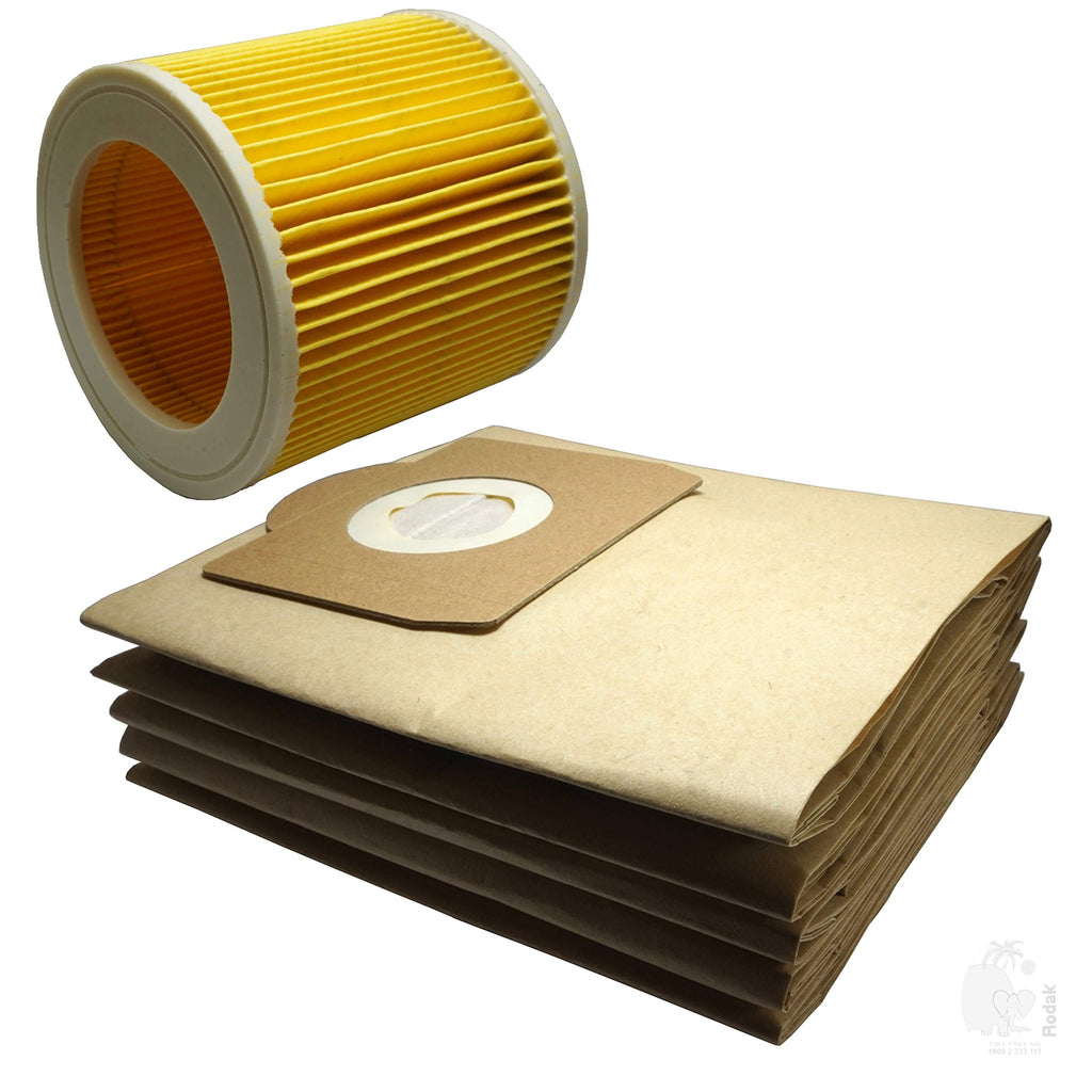 Cartridge Filter And 5 Paper Filter Dust Bags Compatible With Karcher WD3, MV3, WD 3.200 Vacuum Cleaner, Imported
