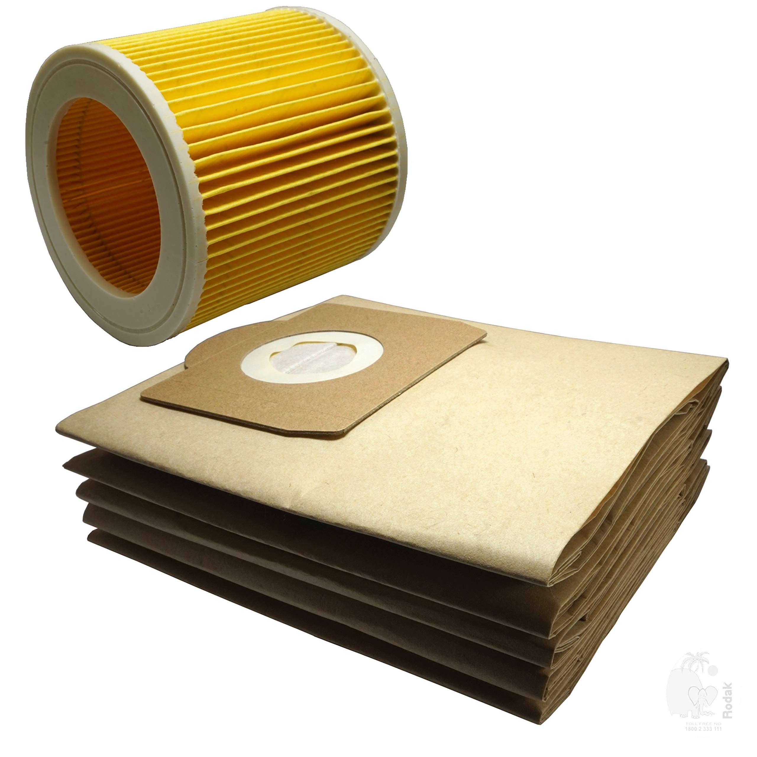 Cartridge Filter And 5 Paper Filter Dust Bags Compatible With Karcher WD3, MV3, WD 3.200 Vacuum Cleaner, Imported